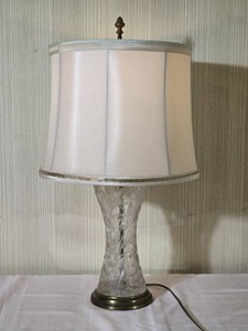 Cut Glass Table Lamp with Brass Tone Base and Fabric Shade