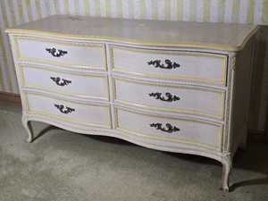 French Provincial Six Drawer Dresser in Cream and Yellow
