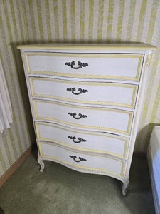 French Provincial Five Drawer Chest in Cream and Yellow