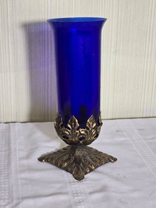 Cobalt Blue Glass Hurricane Candle Holder with Gilt Leaf Base