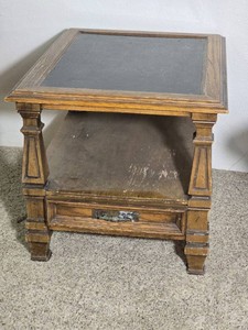 Vintage Slate Top End Table with Drawer and Shelf