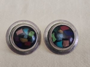 ATI Mexican Sterling Silver Mosaic Clip On Earrings, 12g