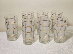 Vintage Libby Glasses M. Petti Frosted Checkerboard 22k Overlay
