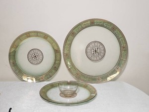 Green Depression ware Serving Pieces 22k Gold Trim