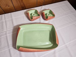 50s Redwing Pottery Textra Console Set (Bowl 7 Two Candle Holders)