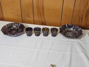 Amethyst Carnival Glass Collection (Two Bowls, Four 3oz Glasses)