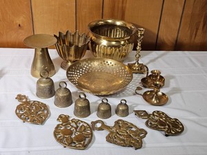 Vintage Brass Decor Candleholders, Trivets, Bowls