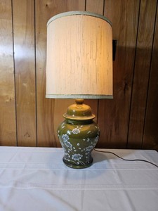 Vintage Olive Green Ginger Jar Lamp Hand Painted Floral Detail