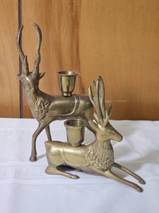 Brass Reindeer Candleholders Pair