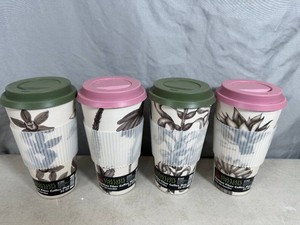 4 New Bamboo Fiber Coffee Mugs with Lid and Heat Sleeve