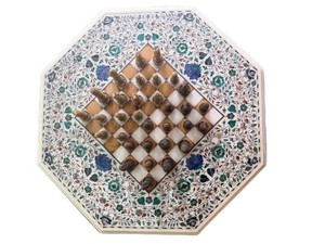 Chess Table Top Pietra Dura Marble Set Conquistador Vs Aztec Pieces