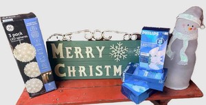 Christmas Decor Lot Merry Christmas Sign & Department 56 Jumbo Lighted Snowman