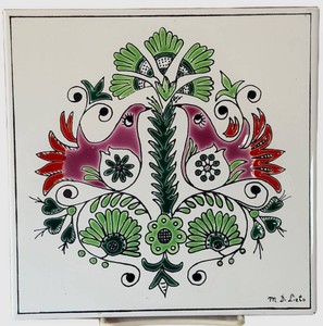 Folk Art Tile Signed M. DiLieto 8 X 8 Tree of Life Birds