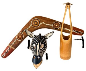 Hand-Carved Boomerang, Zebra Mask & Manyo Susu Crane Neck Bamboo Vase (Lot of 3)