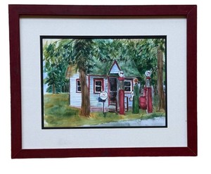 LS - Framed Original Watercolor Gas Station Scene by Janice Morris