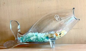 Vintage Blenko Clear Art Glass Fish Vase (Design No. 971) by Winslow Anderson with Assorted Sea Glass