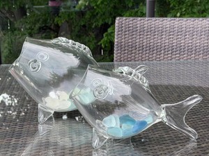 LS - Mid Century Glass Fish Decor Pair Sea Glass Included (Lot of 2)