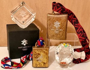 Olympic Ornaments Salt Lake 2002 Crystal & Gold Tone Bell Set (Lot of 4)