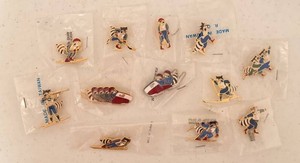 Vintage 1980 Lake Placid Winter Olympics Roni the Raccoon Mascot Enamel Pins - Lot of 10