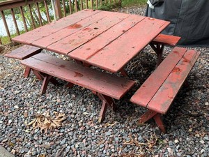 Original Comiskey Park Vintage Red Painted Square Picnic Table with Attached Benches