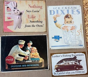 Vintage Style Tin Signs - Coca-Cola, Pillsbury, Dixie & Lunkers Fishing (Lot of 4)
