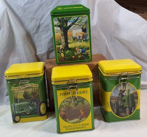 John Deere Licensed Tin Storage Canister Set (4)  Collectible Metal Tins w Latching Lids  Farm Decor