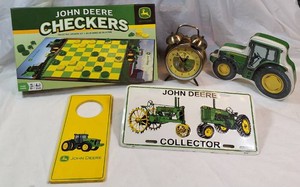 John Deere Collector Gift Lot  Tractor Tin Wall Sign, Checkers Game, Alarm Clock, Door Hanger & License Plate