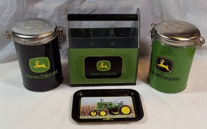 John Deere Collector Tin Lot  Tool Caddy, 2 Clamp-Top Storage Tins & Model GH Tractor Serving Tray