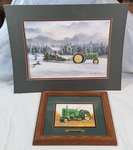 John Deere Model 70 Framed American Memory Print & Judy Richardson Bringing Home the Tree Matted Print Set