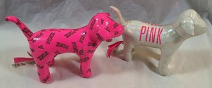 Victorias Secret PINK Dog Plush Display Lot of 2  Hot Pink Logo & Iridescent White