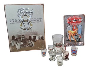 FORD V8 GARAGE & BAR COLLECTIBLES LOT  SIGNS, SHOT GLASSES & LEINENKUGELS