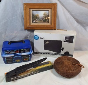 Fishing Gear, 6065 TV Cover, Framed Farm Art, Wicker Basket & Games