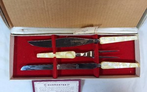VINTAGE TOWN & COUNTRY CUTLERY CARVING SET  PEARLESCENT HANDLES  STAINLESS STEEL  ORIGINAL BOX & MANUAL
