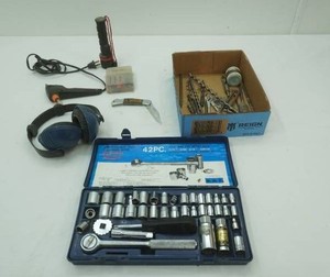 Hardware and Hand Tools 14 & 38 drive socket set, drill bits, ear protection, precision screwdriver set, folding knife, flashlight
