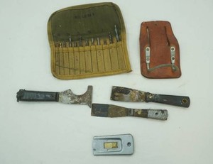 Hand Tools drill bits and pouch, leather hammer loop, scrapers, scraper