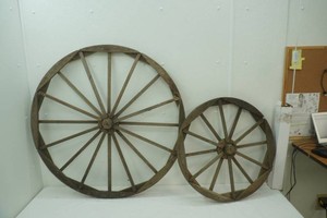 2 wooden wagon wheels 36 & 24 Diameter