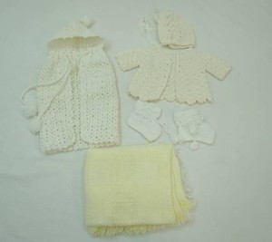 vintage crochet baby clothes, white, yellow knit blanket