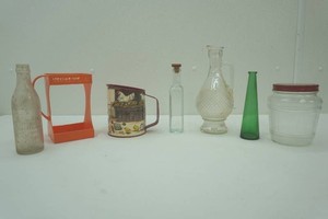 vintage bottle, sifter, carton milk holder