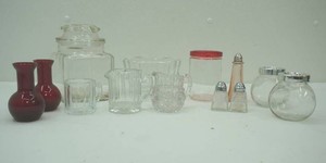 variety of vintage glass jars, cramers, slt nad pepper and more