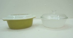 vintage green Pyrex caserole and milk glass caserole