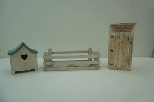 wood planter box, outhouse, bird house
