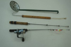 2 ice jig sticks, spoon, gaf hook