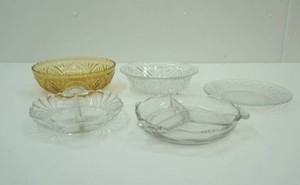 group of vintage glass serving dishes including 2 divided dishes and 1 Honey Gold Medallion print bowl
