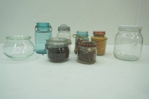 vintage jars including a Weck #100 with lid, 2 blue Ball canning jars and other
