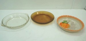 1 stonware pie plate, 1 vintage Pyrex and 1 vintage Anchor Hocking pie plate