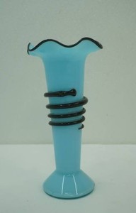 Franz Welz Tango glass vase 1920s to1930s era Czechoslovakia light blue with black glass coil trim