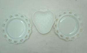 3 milk glass dishes one in the shape of a strawberry