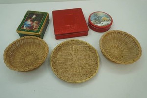 cookie tins and wicker baskets