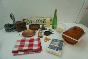 vintage kitchen ware including a 1960s era acrylic food server, lantern, Welcome sign and more