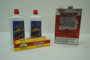 Sterno canned heat, Charcoal lighter fluid, Coleman fuel all on-opened
